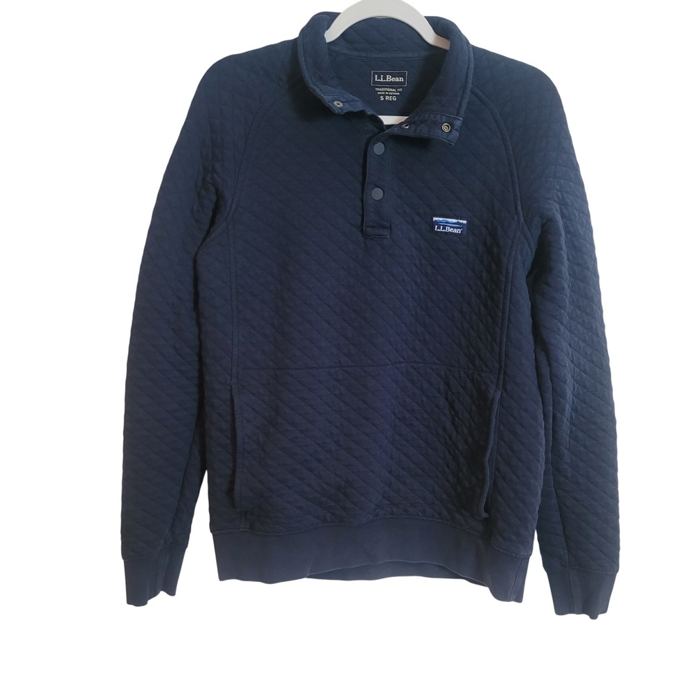 LL Bean Mens Quilted Sweatshirt Navy Blue Snap Mock Neck Pullover Small Preppy
